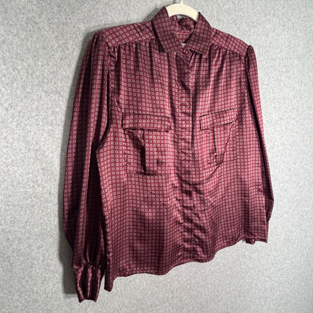 Vintage Satin Utility Blouse 10 Burgundy Medallion Librarian Mod Feminine Puff